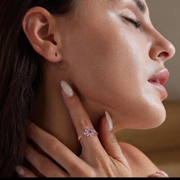 NWT S925 Sterling Silver Pink CZ Cross Fleur-De-Lis Design Open Adjustable Ring - Picture 9 of 12